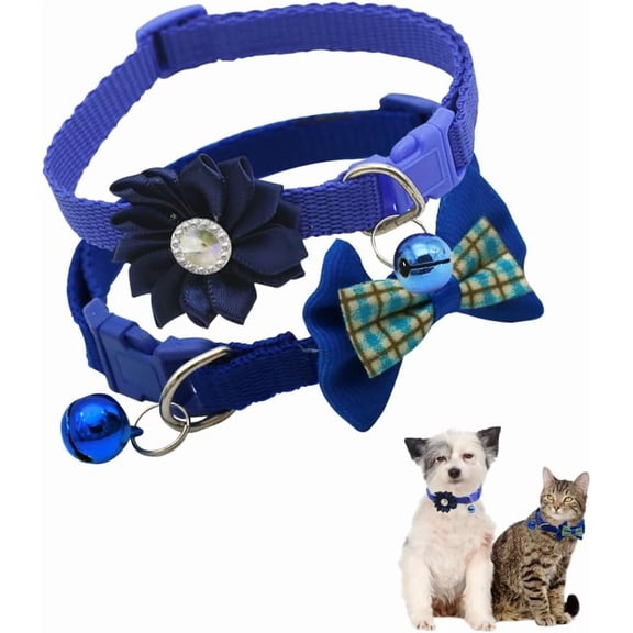 XSmall Dog Collar with Bell, 2-Pack Puppy Collar with Bells Flower Bowknot Kitten Cat Collars for Tiny Little XXS XS Extra Small Breed Pets Dogs Boys Girls