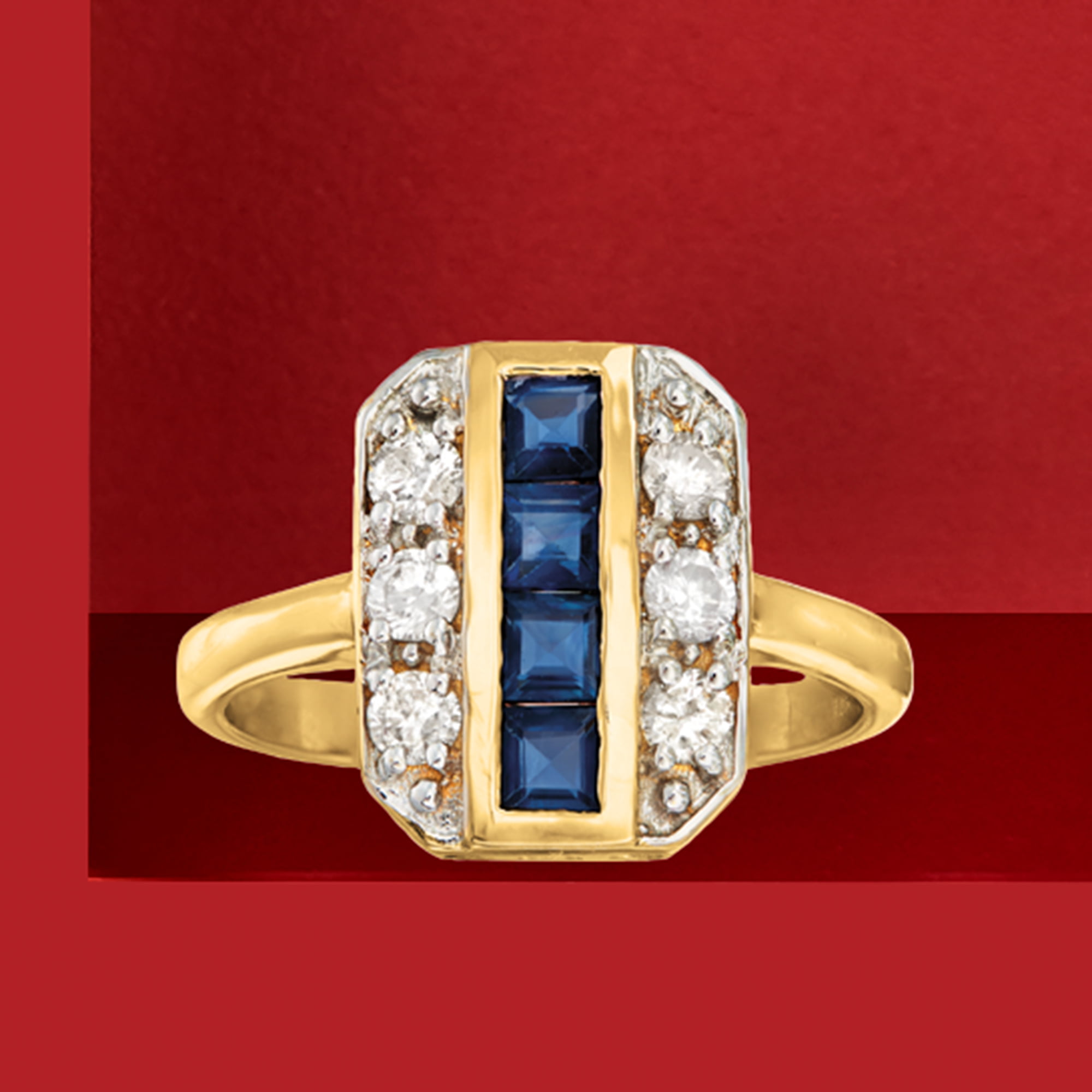 Ross-Simons 0.70 ct. t.w. Sapphire and .39 ct. t.w. Diamond 2-Row Ring in  14kt Yellow Gold