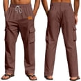 thumbnail image 2 of Betivan Men's Linen Cargo Pants Solid Color Drawstring Elastic Waist Breathable Regular Fit Casual Work Outdoor Long Trousers, 2 of 6