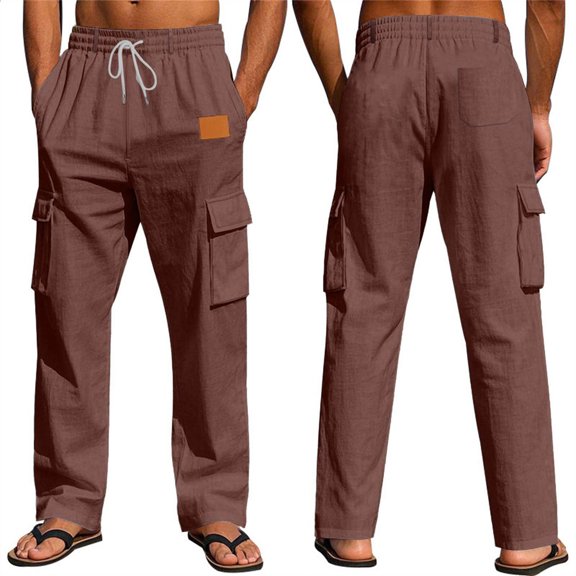 Mifsaly Linen Cargo Pants Men Summer Wide Leg Lightweight Summer Beach Trousers with Multi Pockets Elastic Waist Drawstring Breathable Cotton Tracksuit Bottoms XL