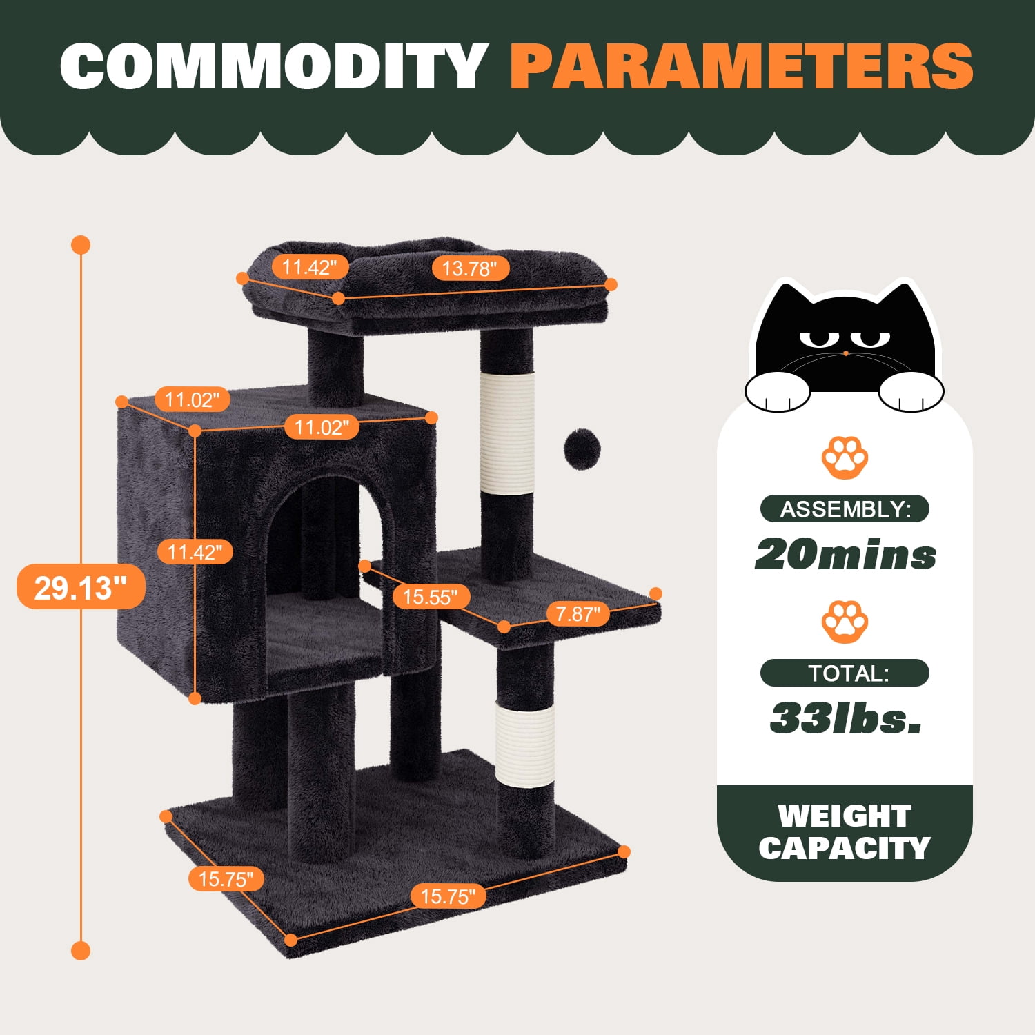 Amolife 29.1" Small Cat Tree Tower with Plush Cat Condo Perch Sisal Scratching Posts for Indoor Cats and Kittens, Dark Blue