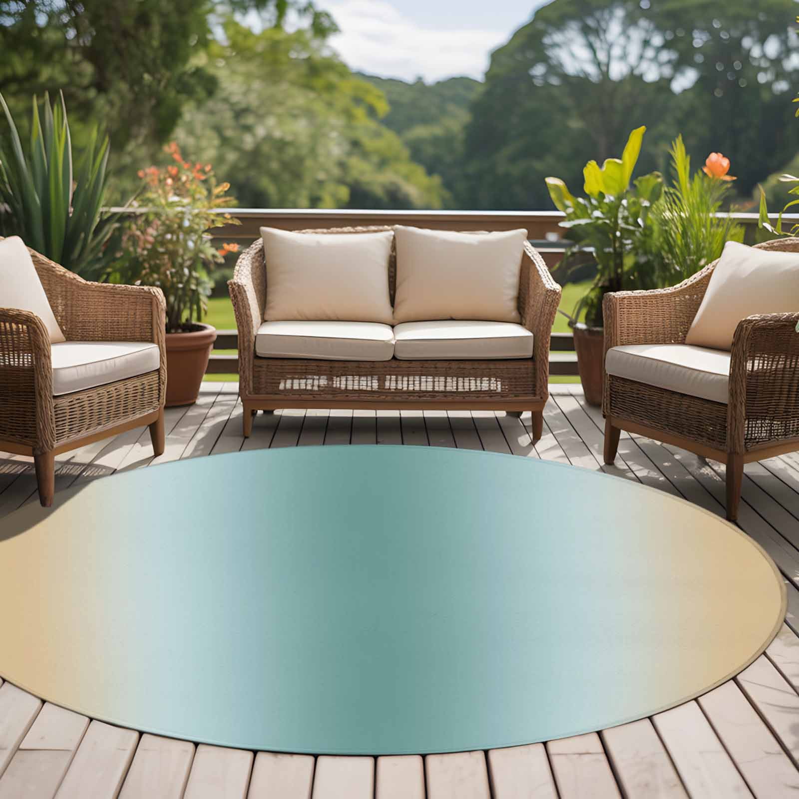 Teal Yellow Ombre Round Area Rug 5Ft Washable Circle Rugs for Living Room Bedroom, Farmhouse Modern Gradient Art Non-Slip Carpet Floor Mats Indoor Outdoor Carpet Runner Aesthetic Home Decor
