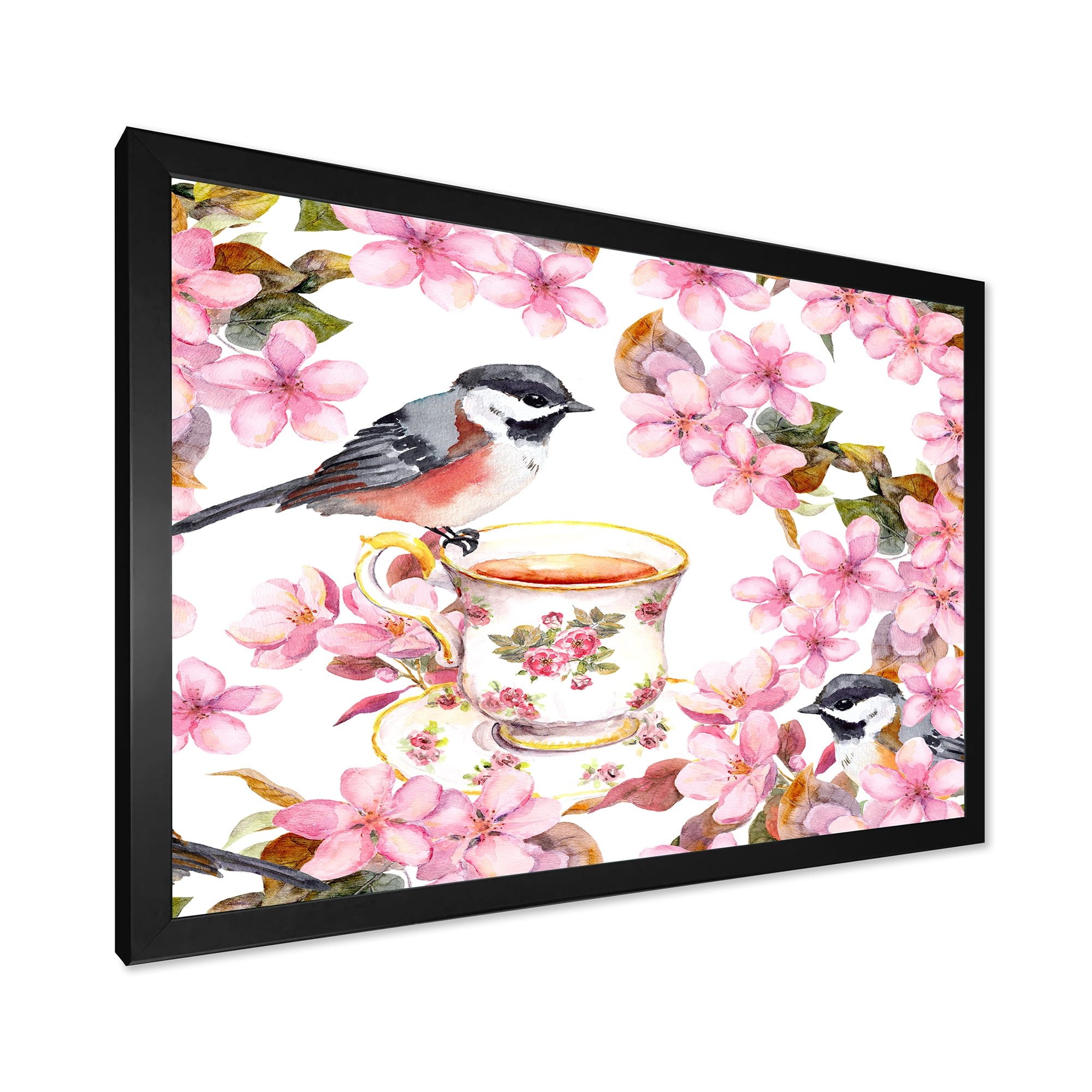 Designart 'Tea Cup Birds and Pink Flowers' Traditional Framed Art Print