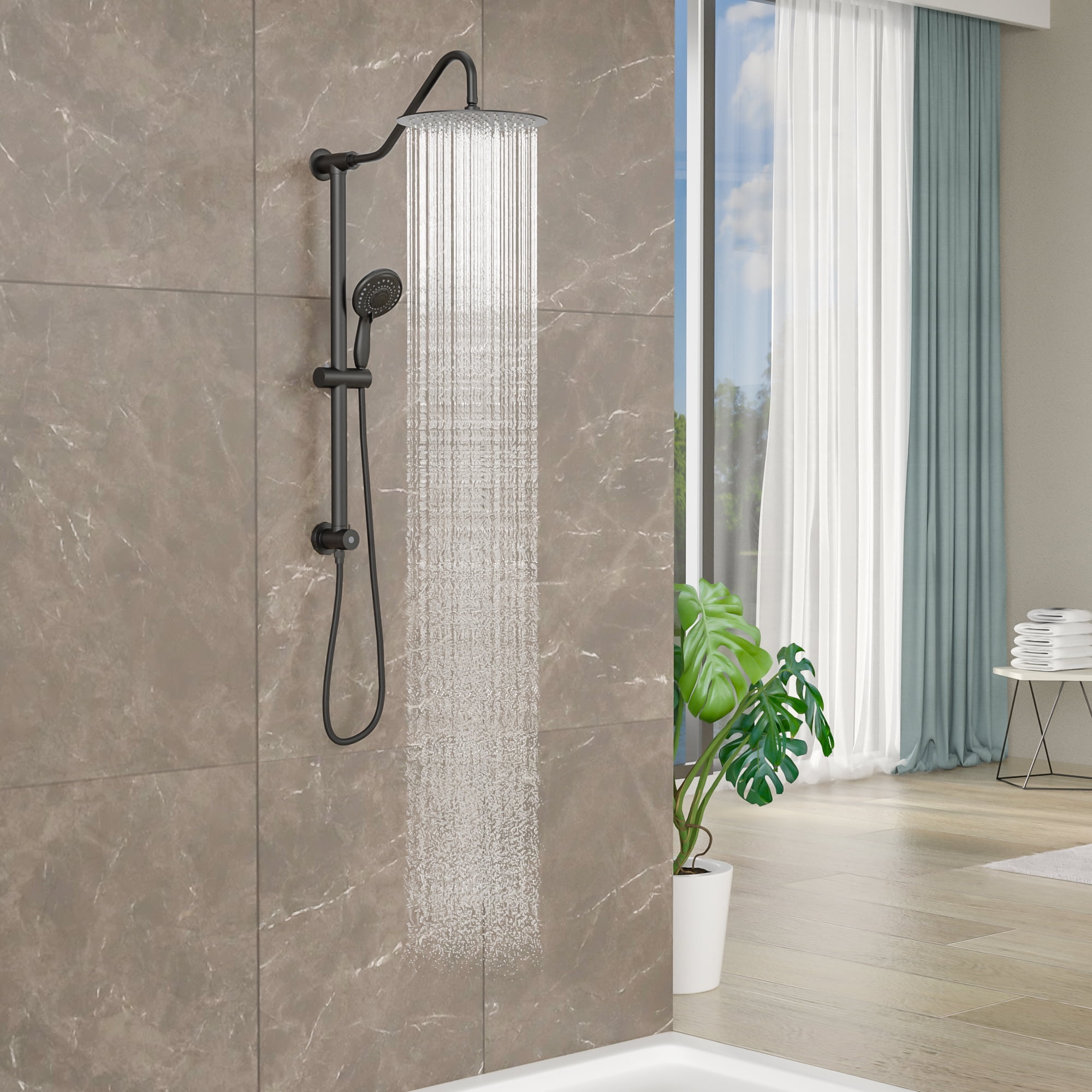Logmey 10"Rain Shower System Black with Handheld Shower Head 5-Setting Stainless Steel