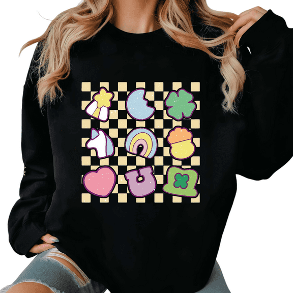 St Patricks Day Cute Icon Grid Print Graphic Sweatshirt Black S-2XL Womens Kawaii Tops