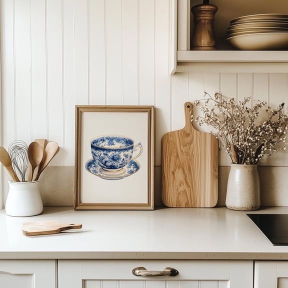 Chinoiserie Teacup Art Print, Blue Floral Kitchen Decor Home Decor #2721, Unframed Poster Size 8x12