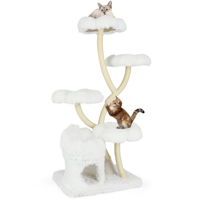 Gymax Freestanding Cat Tower Tall Cat Tree w/ four Flower-shaped Platforms Cat Condo White