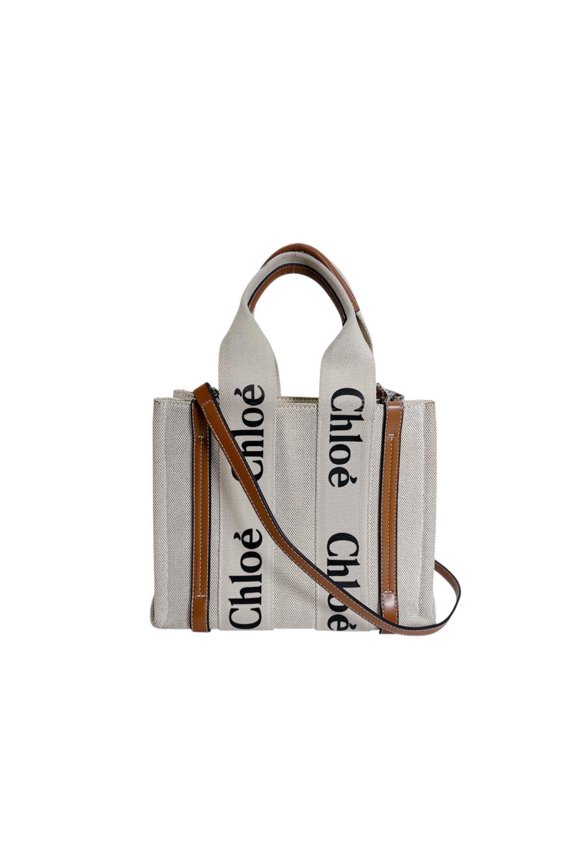 Pre-Owned Chlo Chloe Woody Medium Tote Bag, Shiny Calfskin and Canvas, Beige