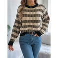 thumbnail image 6 of Women'S 2025 Fall Winter Color Block Striped Sweater Crew Neck Sweaters Casual Loose Knit Sweater Black S, 6 of 7