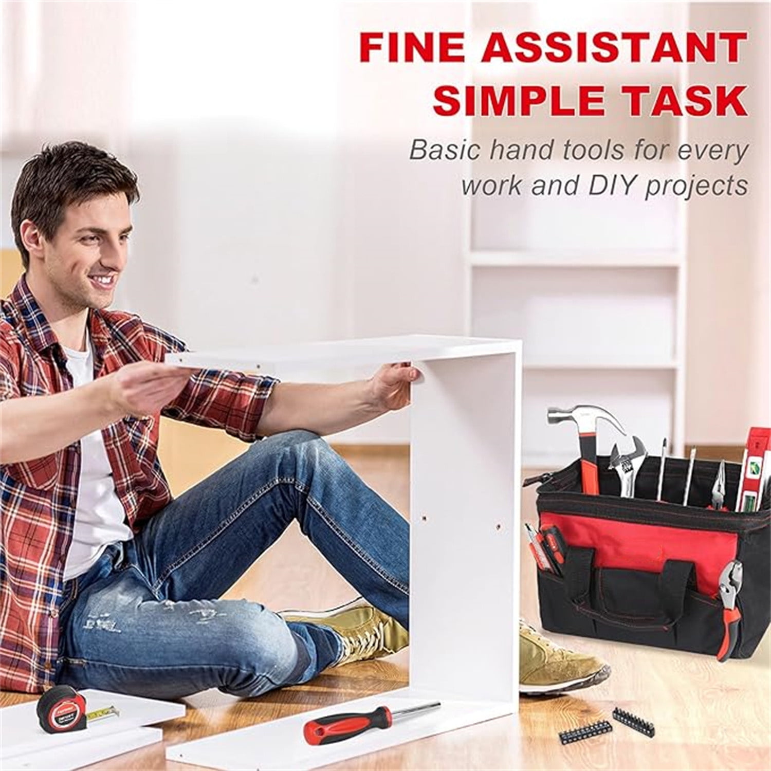 220-Piece Home Tool Set, Household Repairing Tool Kit, with 12-Inch Wide Mouth Open Storage Tool Bag, Red
