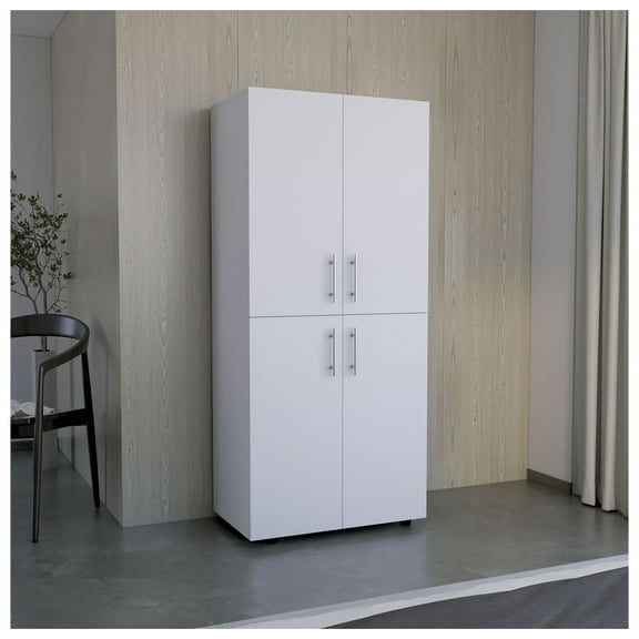 Armoire Wardrobe 70"H, Double Doors, 6 Shelves, 2 Hanging Rods, White