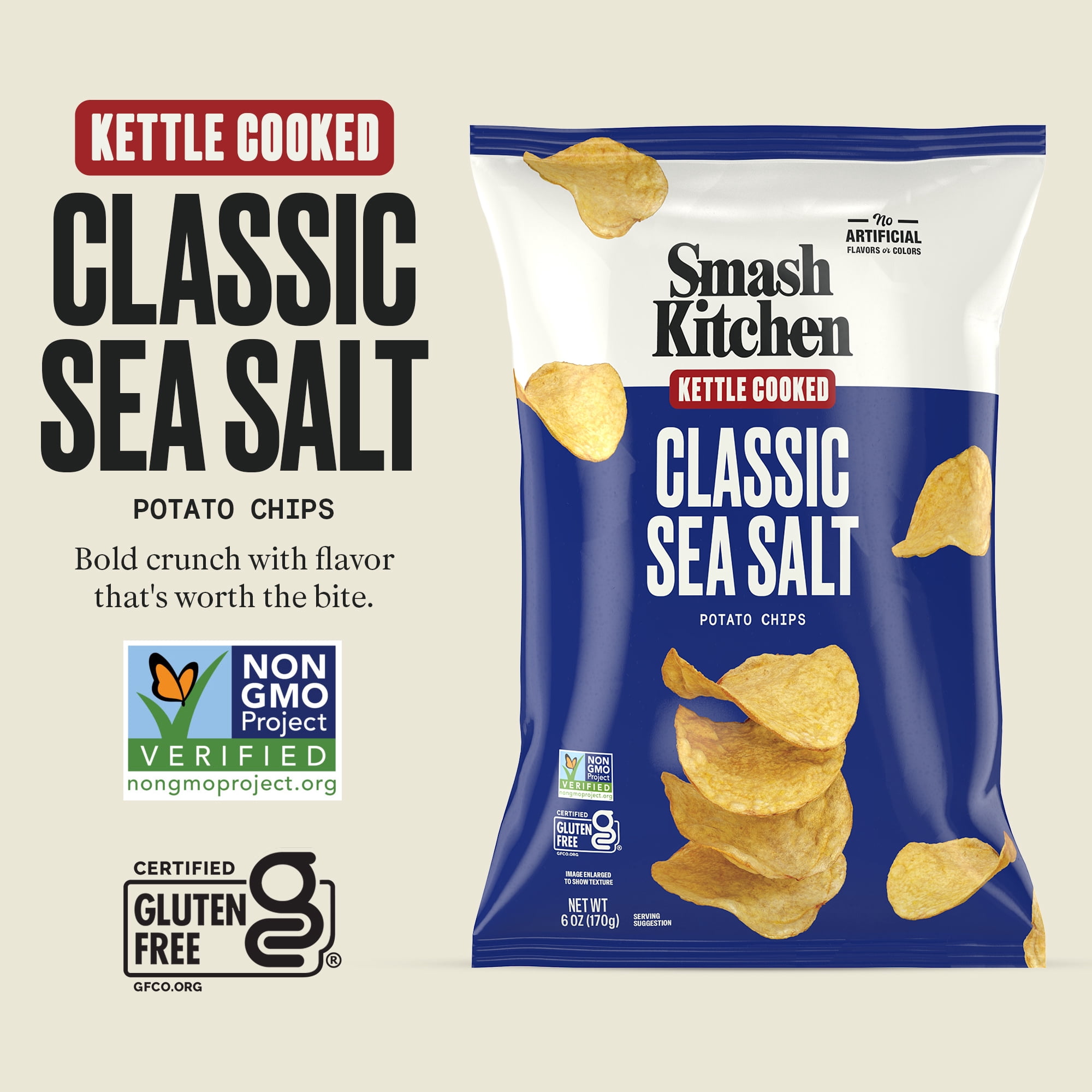 (6 pack) Smash Kitchen Classic Sea Salt Non-GMO Kettle Chips, 6 oz