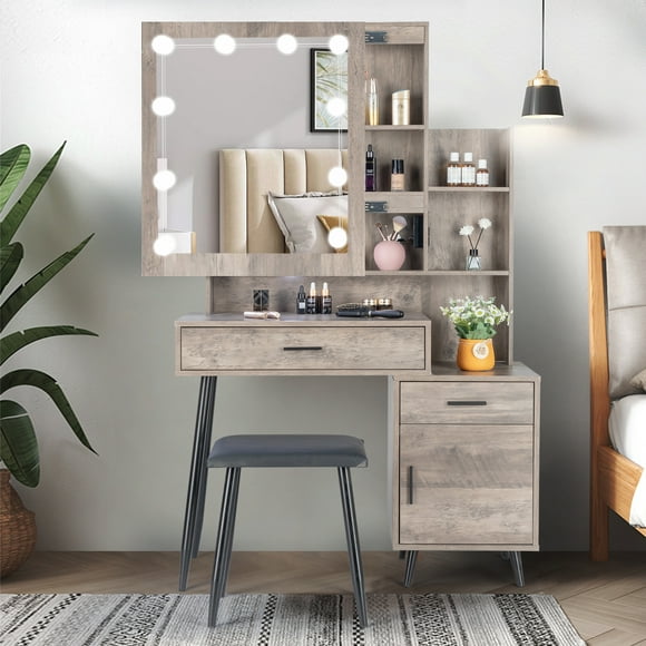 Ktaxon Lighted Vanity Table Set with Charging Station, Makeup Dressing Table with Sliding Mirror, Bedroom Vanities Set