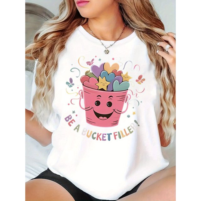 1pc Women'S Fashion Short Sleeve T-Shirt with Creative Bucket Heart and Star Print, Casual Crew Neck Cotton Top with Medium Stretch, Geometric Pattern Knit Fabric for All Seasons