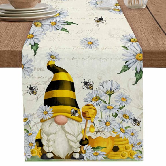 nqOlkjepod Daisy Floral Table Runner 36 Inches Long Farmhouse Dress Scarves, Vintage Rustic Bee Gnomes Flowers Dining Tablerunner for Coffee Table/Kitchen Island/Party Décor, Small 13" x 36"