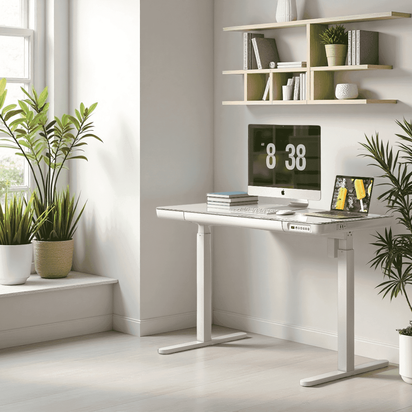 KOWO K302 Adult Tempered Glass Electric Height Adjustable Standing Desk with Drawer, 23.6 in x 47.2 in, White, 1 Pack