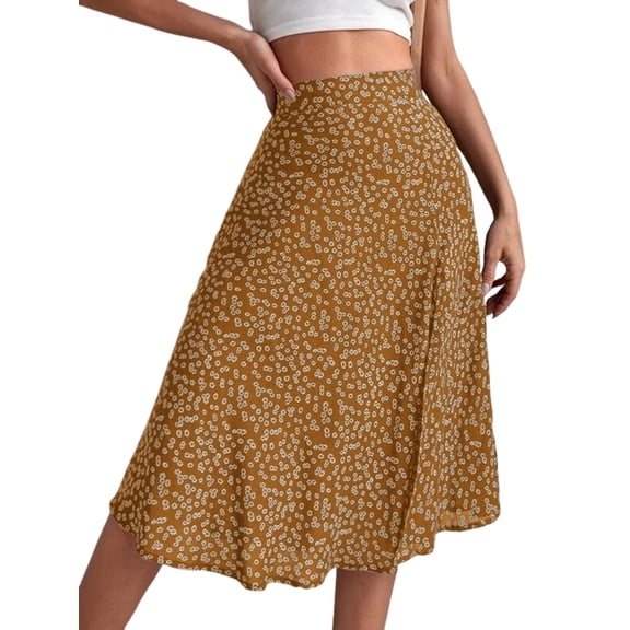 Women'S Summer High Waisted Flowy Slit Midi Skirts Casual Boho Floral Beach Skirt Yellow XXXL