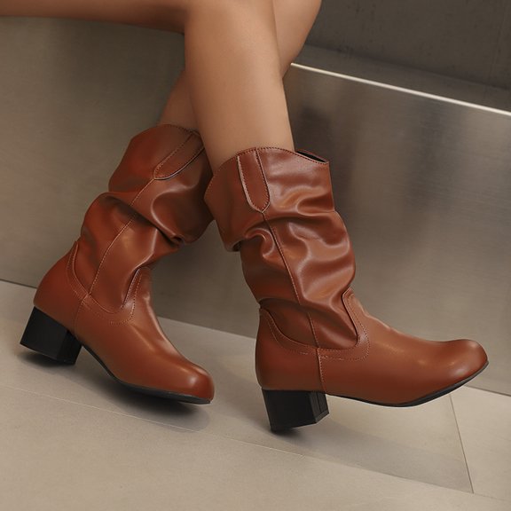 Women's British Pile Boots With Simple Midsole Slim Boots Thick Mid Heel Boots