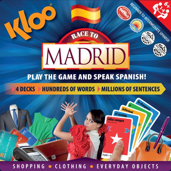 KLOO Learn Spanish Board Game Race to Madrid | Home Fun for Family Kids Adults | Colored vocab Cards | Make Sentences & Talk in a Flash | Juegos de Mesa en Españ