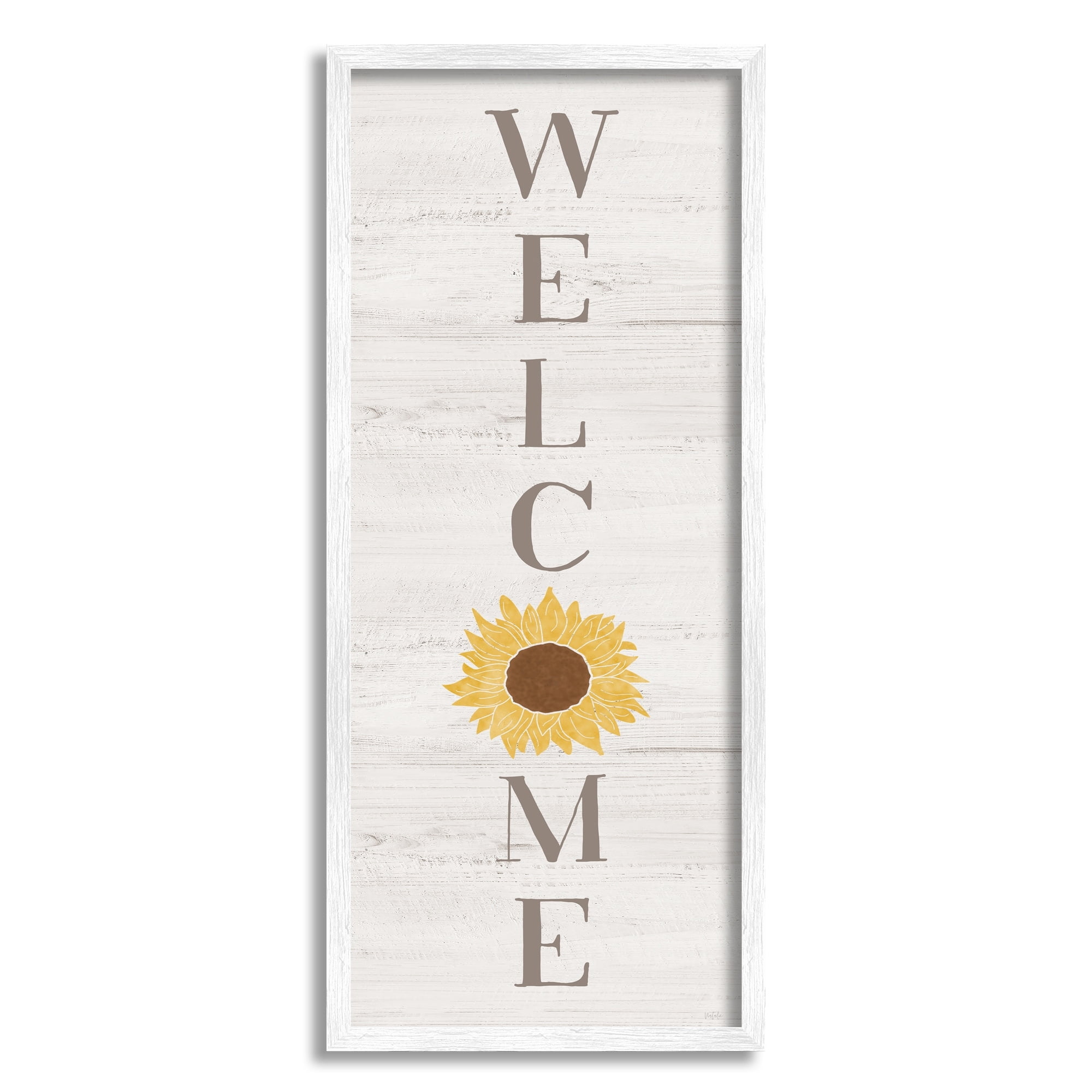 Stupell Industries Vertical Welcome Sign Rustic Sunflower Grain Pattern Graphic Art White Framed Art Print Wall Art, Design by Natalie Carpentieri
