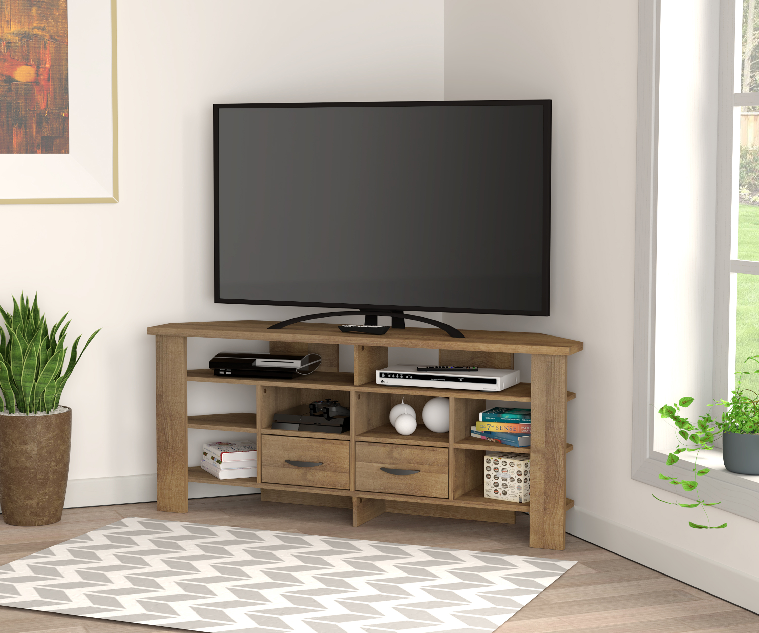 Inval 2-Drawer Corner TV Stand for TVs up to 60”, Amaretto