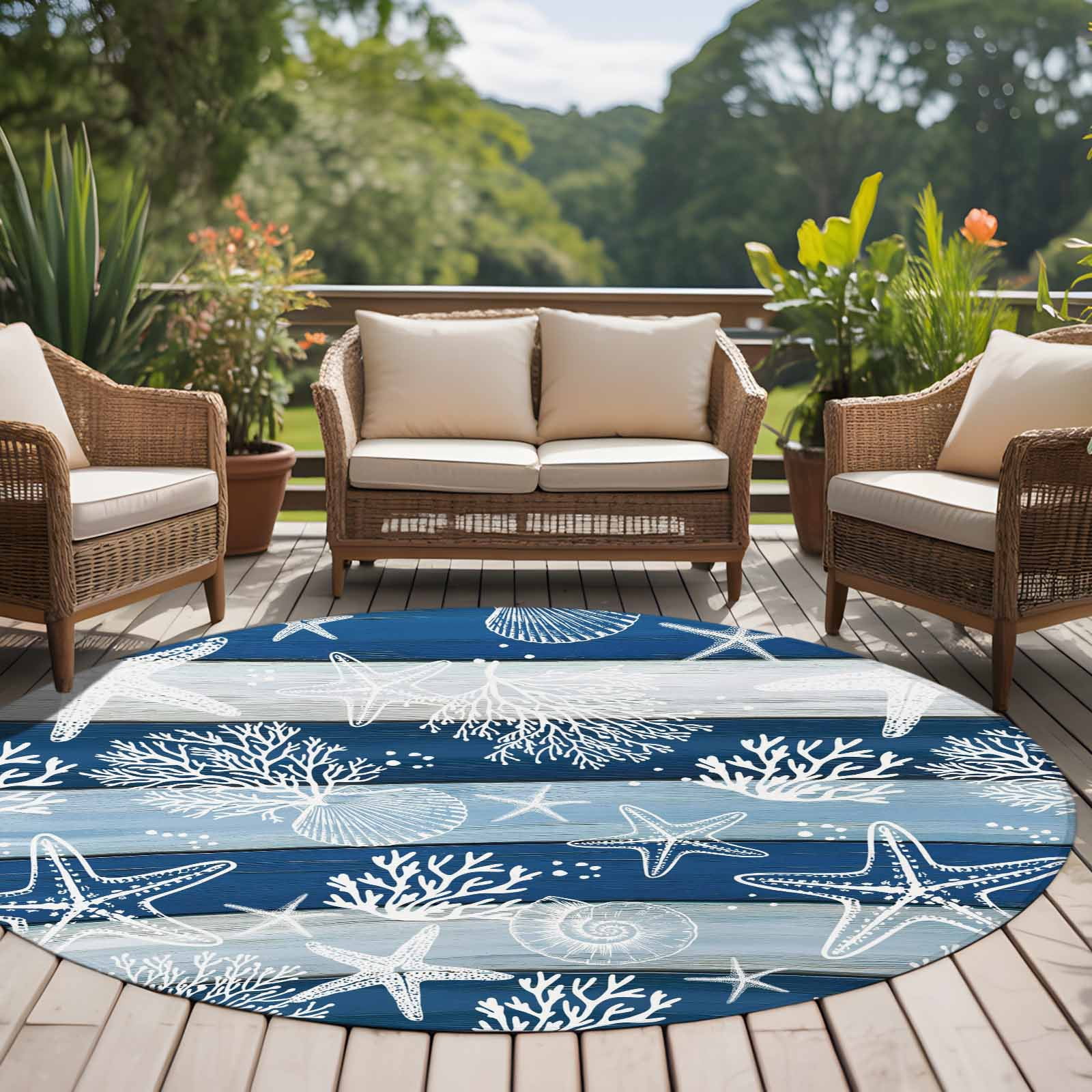 Round Rug 6Ft Washable Non-Slip, Navy Blue Coastal Beach Circle Area Rugs for Living Room Bedroom, Nautical Starfish Coral Vintage Wooden Indoor Floor Mats Carpet Runner for Home Decor Aesthetic