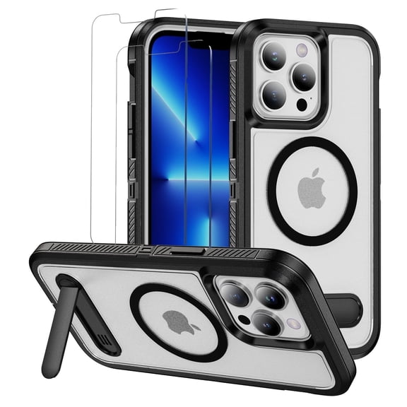 for iPhone 13 Pro Case,Dual Layer With Kickstand Compatible For MagSafe,2 PCS Screen Protector,Military Shockproof Matte PC with Soft Edges Phone Cover For iPhone 13 Pro 6.1"(Clear Black)
