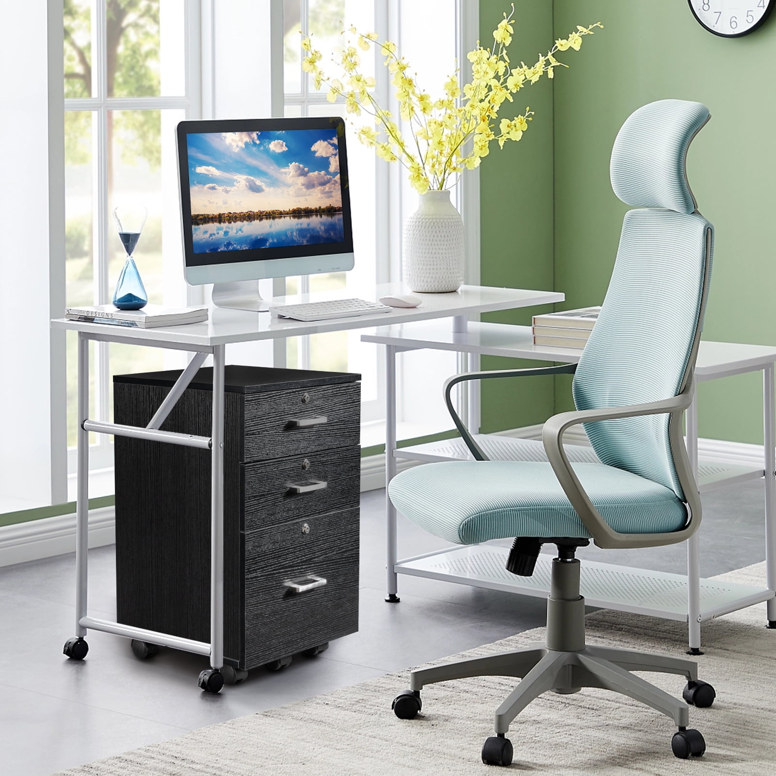 Xilee Black File Cabinet, Modern Design Filing Cabinets for Home Office, Drawers for Under Desk, Locking 3 Drawer Rolling Wood File Cabinet with Lock, by Crafts and Comfort