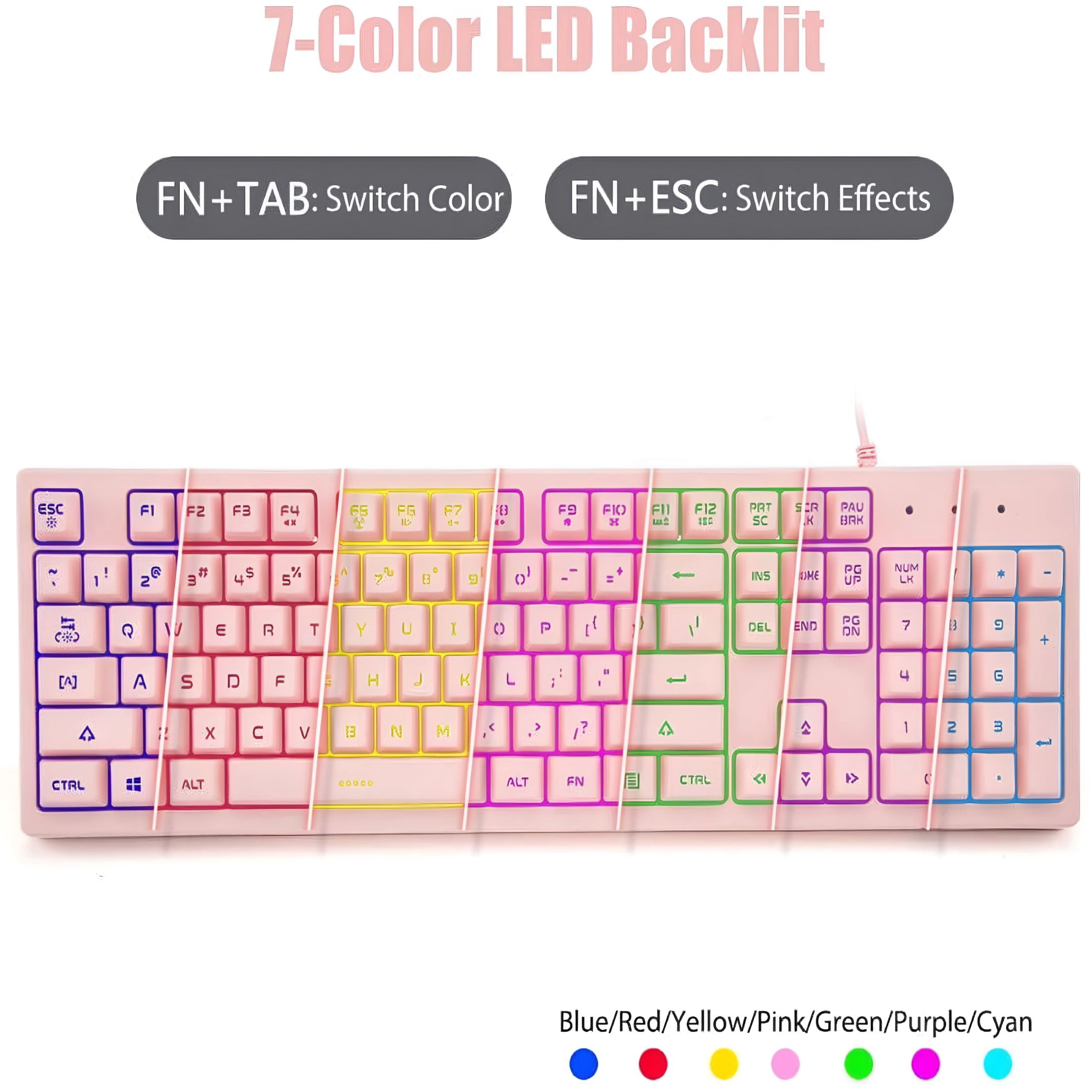 GJX Pink Keyboard with 7-Color LED Backlit, 104 Keys Quiet Silent Light Up Keyboard, 19-Key Anti-Ghosting Gaming Keyboard Mechanical Feeling Waterproof Wired USB for Computer, Mac, Laptop