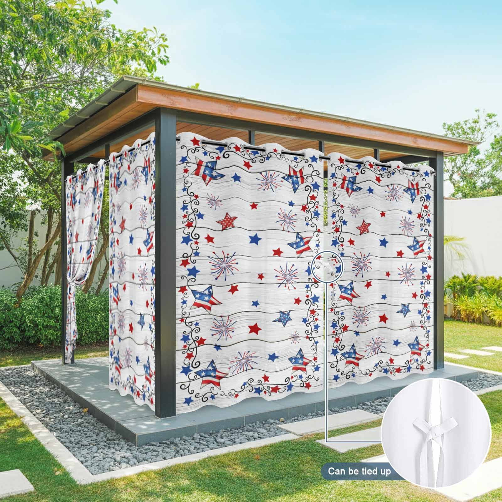 Vintage Star Outdoor Curtains for Patio, Flag Red Blue Star Fireworks Independence Day Wood Sunshade Privacy Drapes Grommet Waterproof Outside Curtains for Porch/Cabana/Balcony 54"x 108", 1 Panel