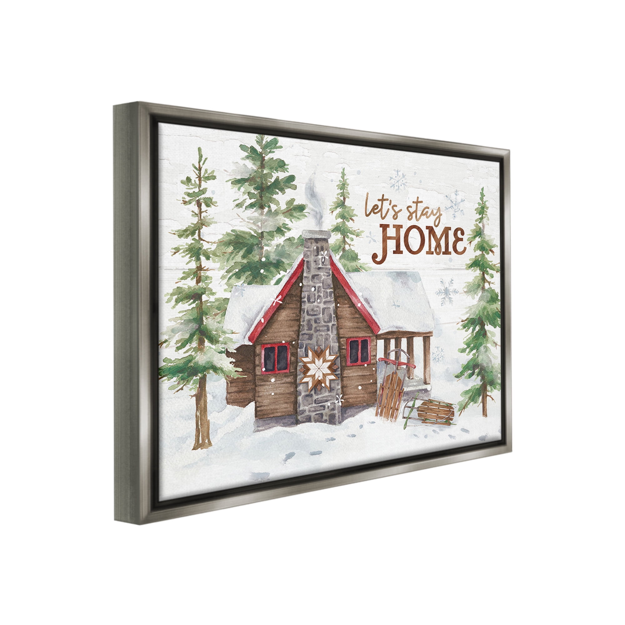 Stupell Industries Cozy Winter Cabin Phrase Landscape Painting Gray Floater Framed Canvas Art Print Wall Art, 31 x 25