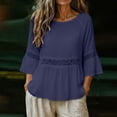 thumbnail image 4 of thefmos Women Summer Round Neck 3/4 Sleeve Lace Trim Flowy Boho Casual Pullover Tops Dressy Casual Loose Blouses Fall Shirts Clothes, Blue L, 4 of 8