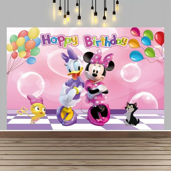 Minnie Happy Birthday Anime Cartoon Theme Backdrops Banner Birthday Party Decor Supplies(5x3ft)