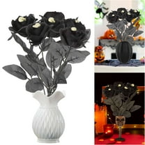 Deago 10 Pcs Halloween Decorations Artificial Black Roses Halloween Flowers with Skull Head Faux Silk Rose Bouquets for for Wedding Party Home Decor