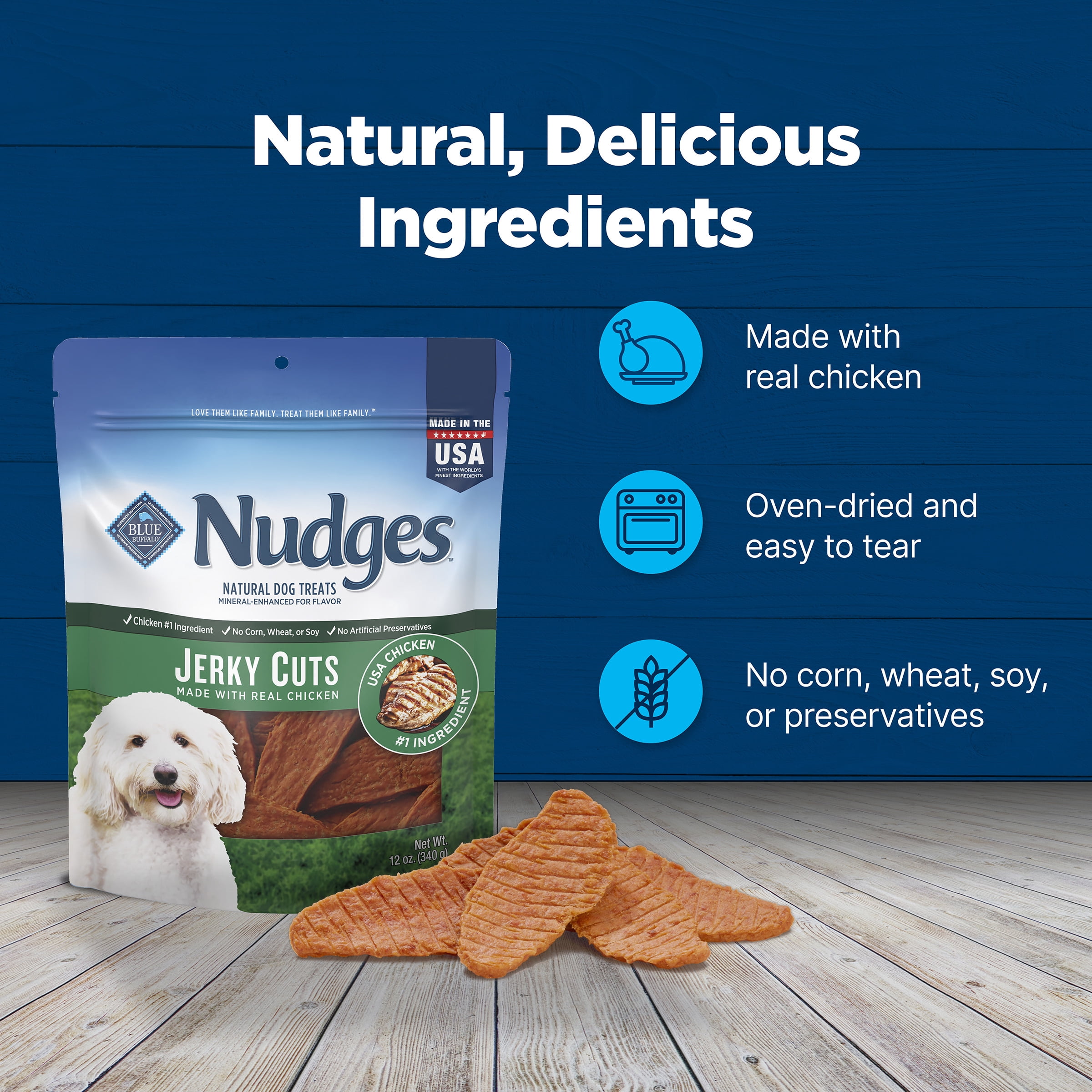 (6 pack) Blue Buffalo Nudges Jerky Cuts, Natural Dog Treats, Chicken Jerky, 12oz Bag