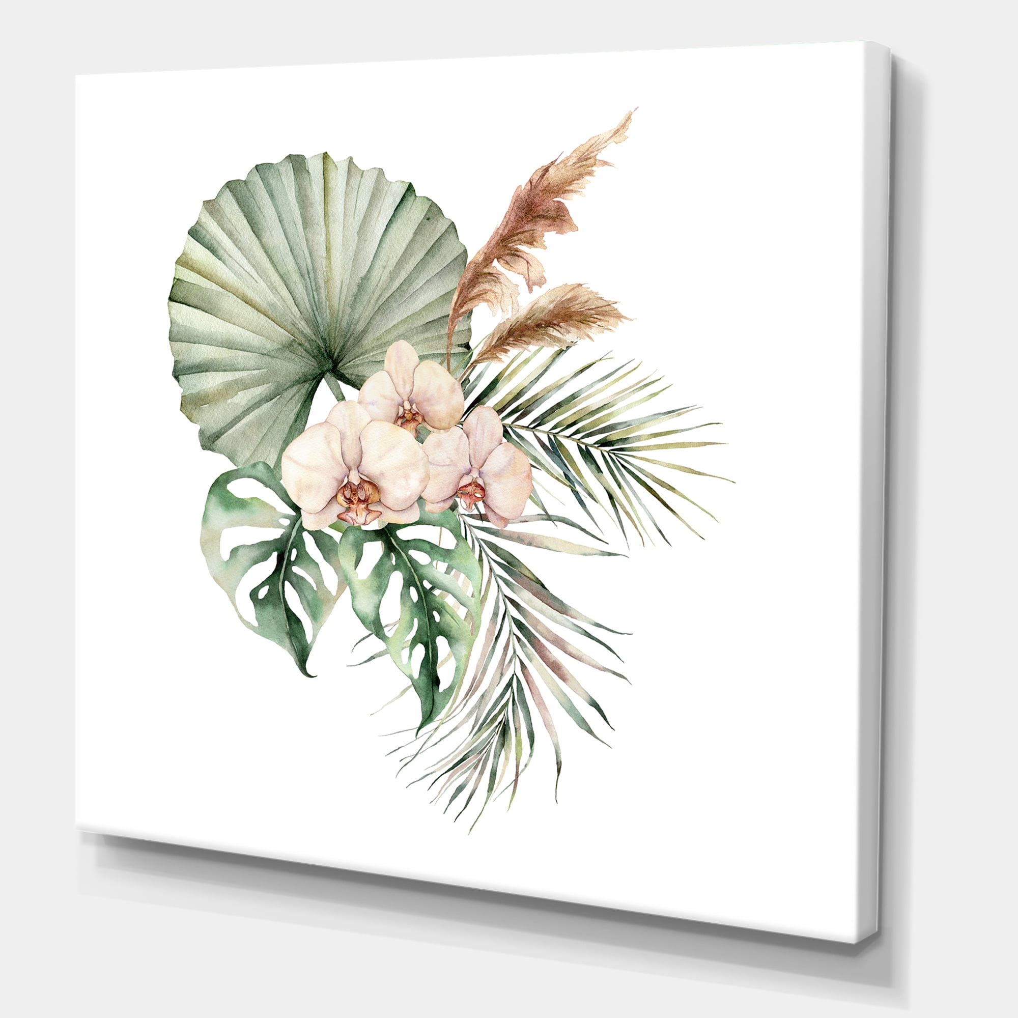 Tropical Bouquet With Palm Orchids Leaves 30 in x 30 in Painting Canvas Art Print, by Designart