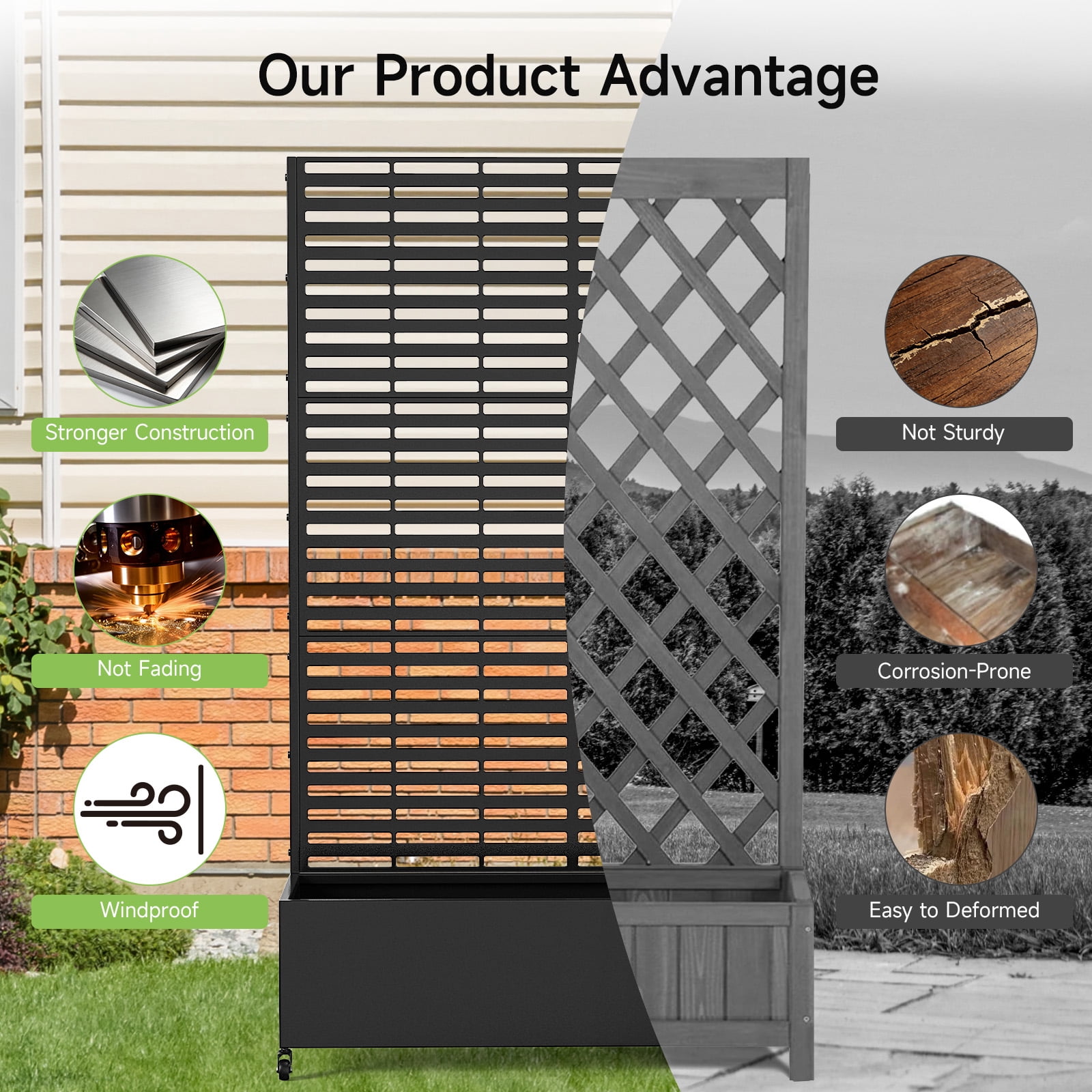 Dovov Raised Garden Bed with Trellis, Outdoor Metal Planter with Drainage Hole, Rolling Trellis Planter Box for Climbing Plants, 47"W x 73"H, Black