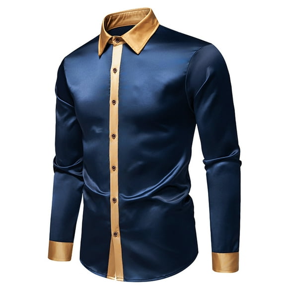 gbyLJF Men's Long Sleeve Shirt Stretch Wrinkle Free Dress Shirts for Men Color Block Turndown Collar Shirt