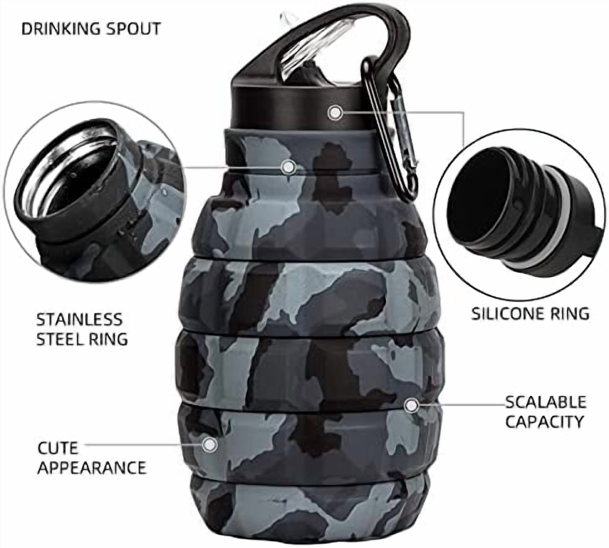 Collapsible Travel Water Bottle19.6 oz, Reuseable Silicone Foldable Water Bottles for School, Office, Gym, Camping,Hiking,Portable Leak Proof Sports Water Bottle with Carabiner (Dark gray camouflage)