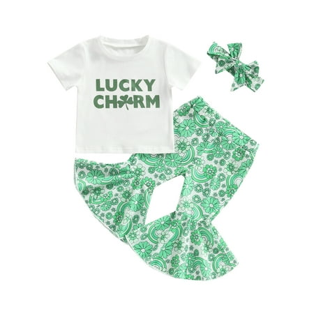 

Diconna St. Patricks Day Baby Girl Outfit Lucky Charm T Shirt Tops Clover Flared Pants Headband 3Pcs Clothes Set White 6-12 Months