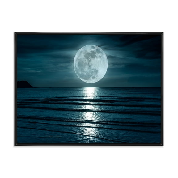 Designart 'Super Full Moon Over The Sea I' Modern Framed Canvas Wall Art Print