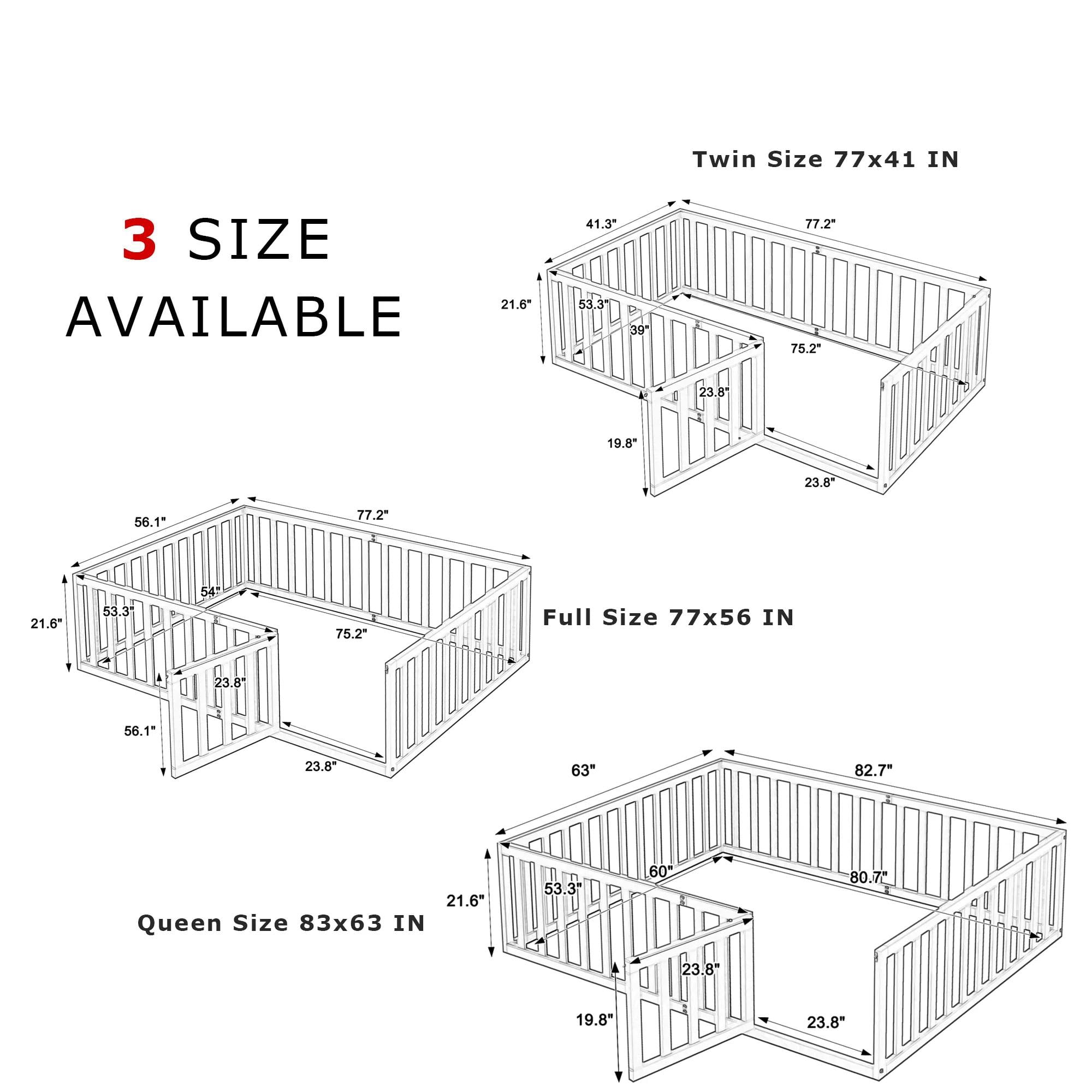 Gewnee Queen Size Toddler Floor Bed,Pine Wood Kids Floor Bed Frame with Fence and Door,Gray