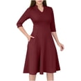 thumbnail image 1 of Robe Trapèze pour Femmes Semi-Formelle à Col en V, Manches 3/4, Couleur Unie, Robe de Travail avec Poches, Silhouette Évasée, Longueur Régulière, 1 of 9