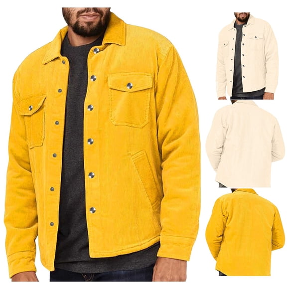Hinvhai Corduroy Jackets for Men Vintage Trucker Jacket Slim Fit Button up Outwear Retro Style Sports Coats Casual Overshirt Yellow 10(XL)