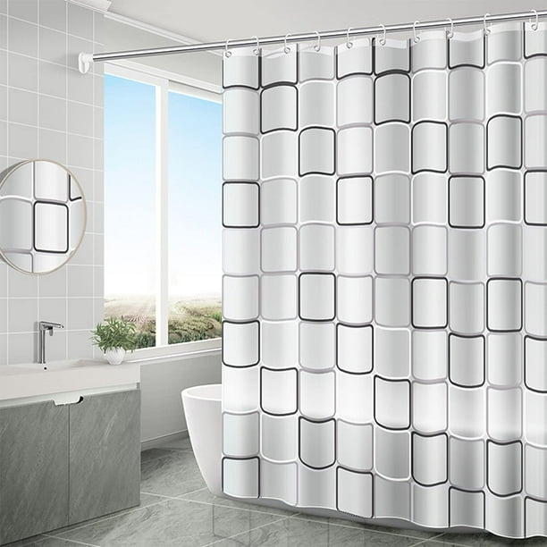 Mouind Geometric Shower Curtain for Bathroom, Black White Square Shower Curtains Liner with 12