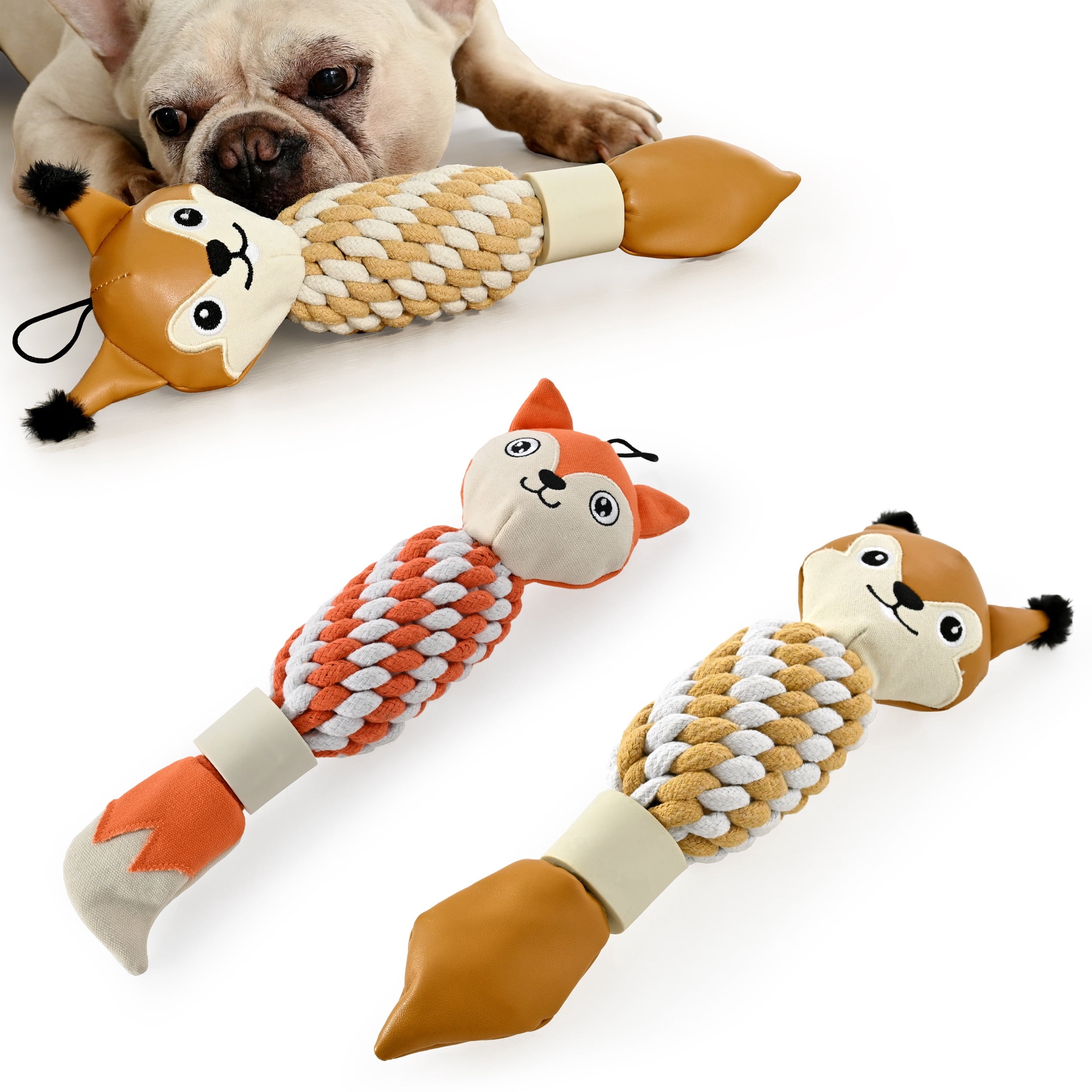 Max & Marlow Dog Chew Toys, Cotton Rope Fox Toys with Built-in Large Squeaker and Nylon Bone, 2 Pack