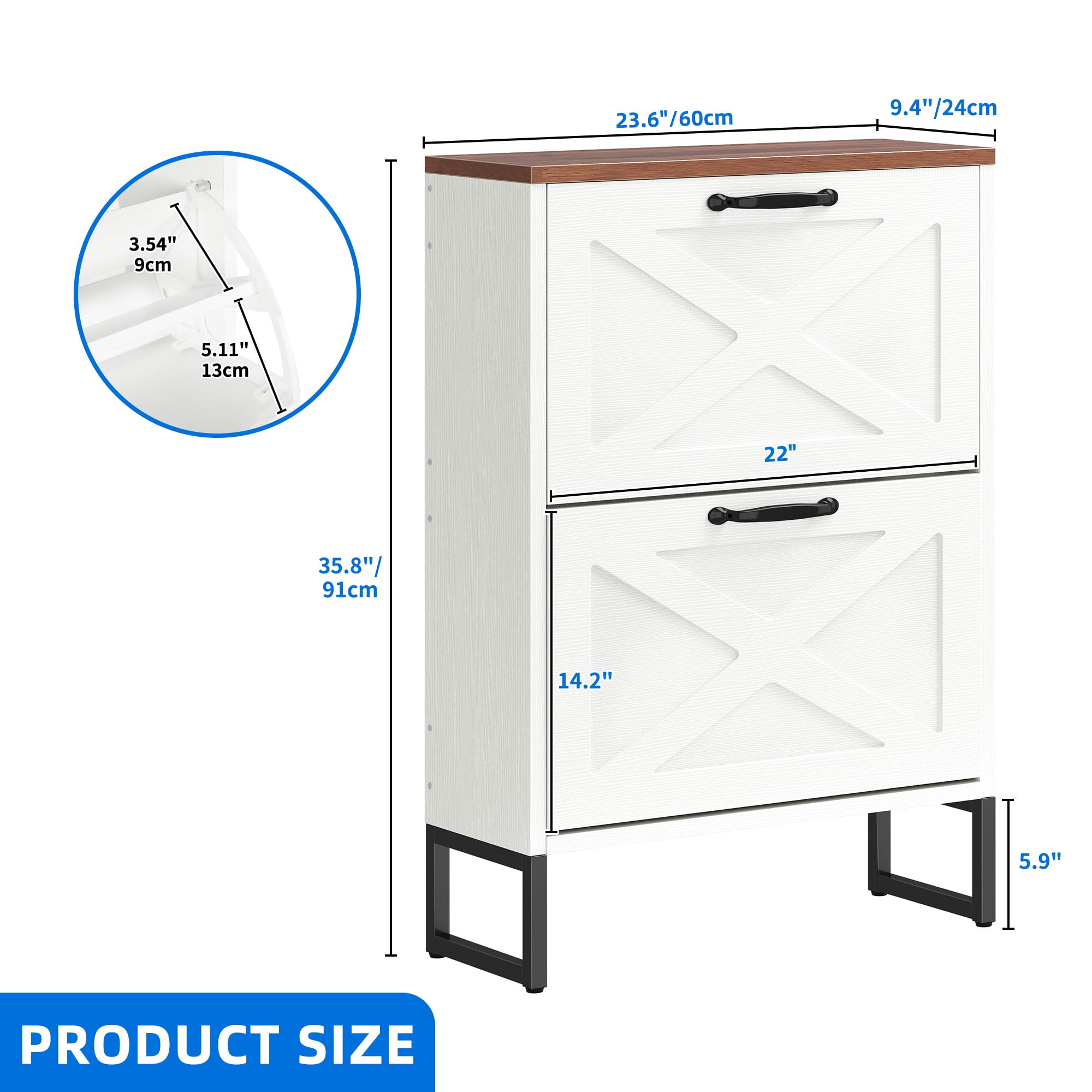Uforic Shoe Cabinet with 2 Flip Drawers, Free Standing Shoe Racks Storage Cabinet with Metal Legs , Famhouse Shoe Rack Organizer Narrow Closet for Entryway Hallway,White