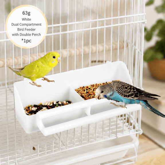 Dual Compartment Bird Feeder with Double Perch, Integrated Plastic Cage Feeding Bowl, Detachable Mountable Food Container for Budgies, Parakeets, Lovebirds, Cockatiels