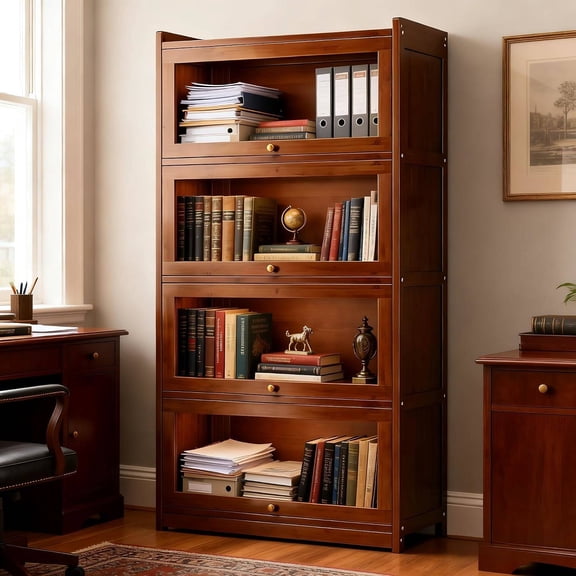 Tall Bamboo Bookcase with Acrylic Doors, 4-Tier Free-Standing Display Shelf for Study, Bedroom, Living Room, or Office