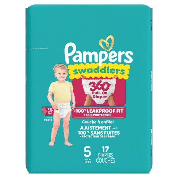 Pampers Diapers - Swaddlers 360° - Size 5, 17 Count, up to 100% Leakproof Comfy Dry Fit, EZ Off Tabs Designed for Easy Changes, Pull On Diaper